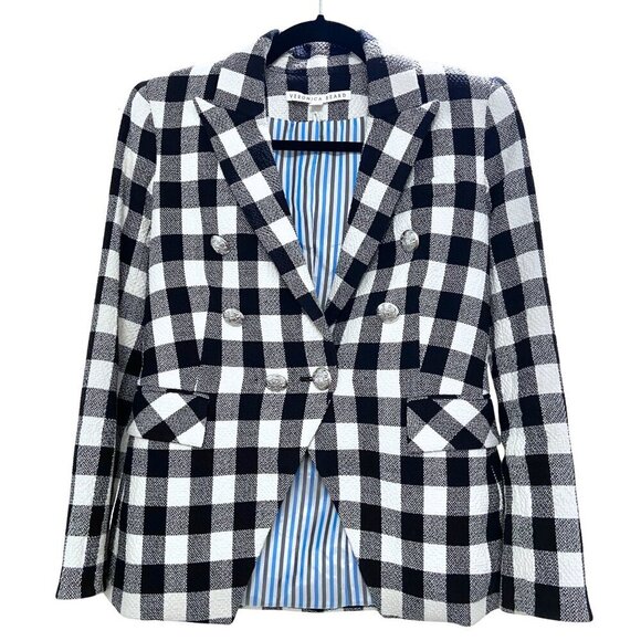 Veronica Beard Miller Dickey Tweed Blazer Black White Gingham Double Breast Sz 0 - Picture 5 of 15